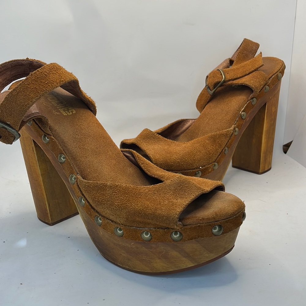 Jeffrey Campbell Woodies platform wood sandal pump heel boho disco retro suede